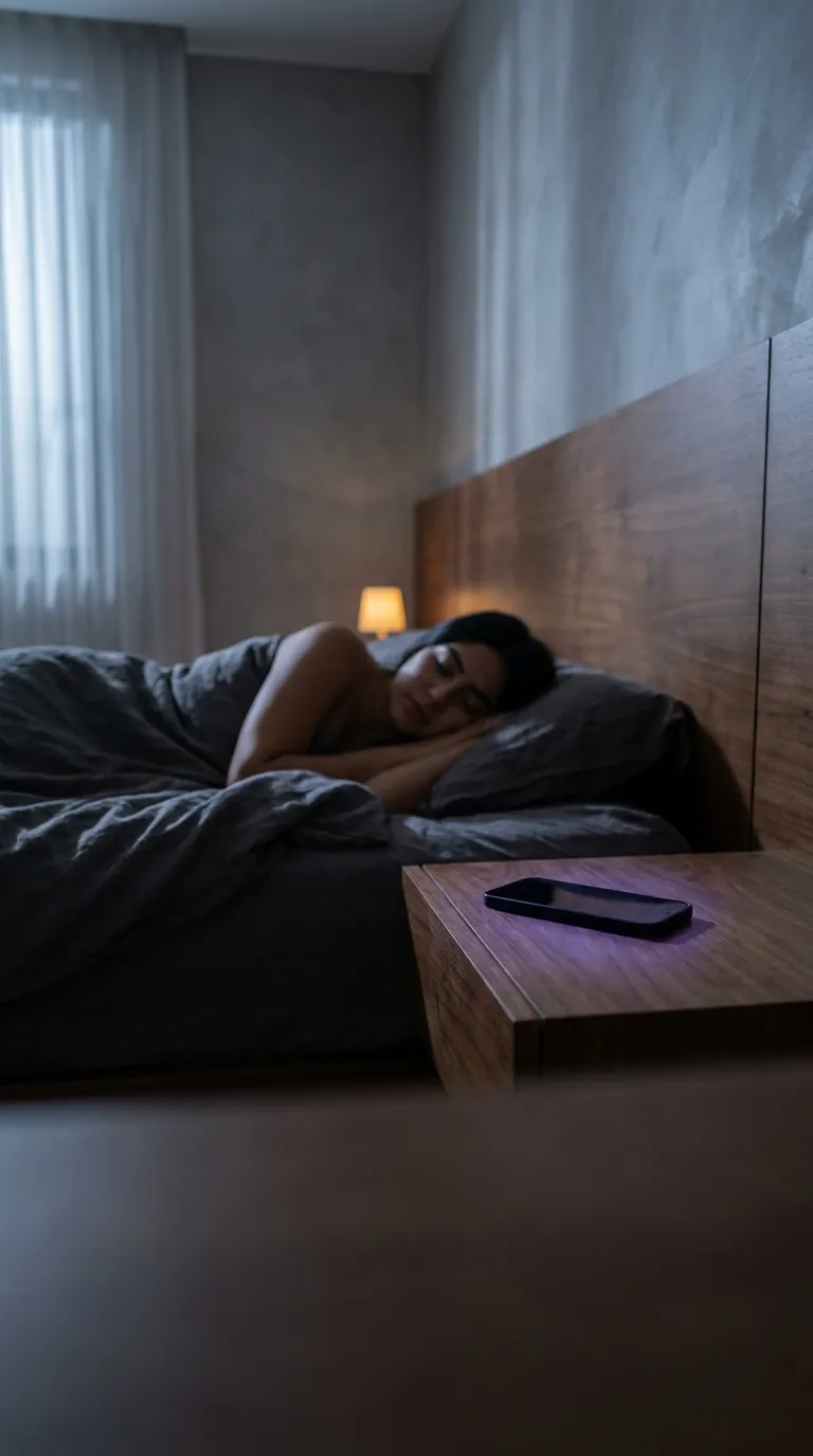 Dueña dormida; el teléfono en el buró brilla en violeta