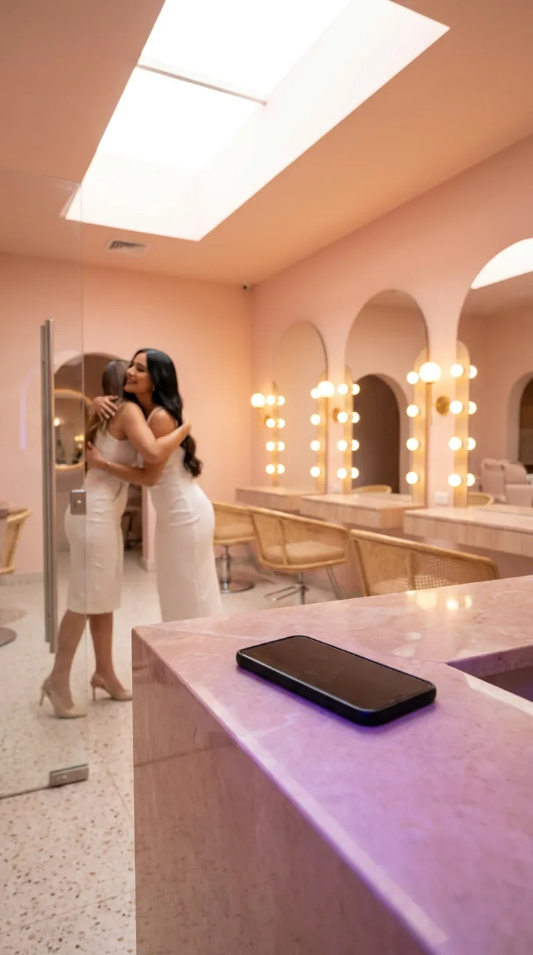 Salón de belleza con espejos iluminados; la dueña abraza a una clienta